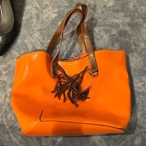 Orange Patent Leather Purse/shoulder bag with brown leather detailing